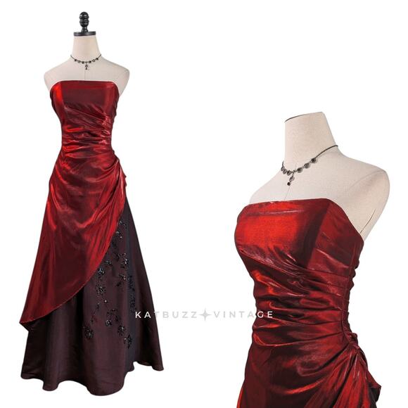 Vintage Prom Dress Maxi Gown 4 Red Black 90s Y2K Goth Whimsigoth Bead Floral - Picture 1 of 12